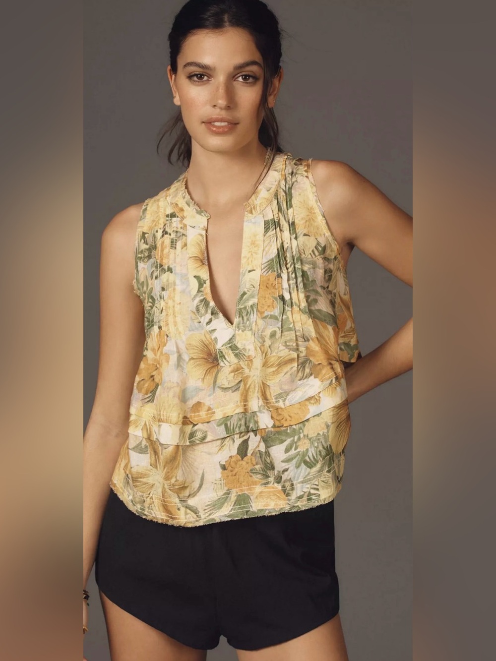 Pilcro Raw-Edge Linen Swing
Tank - Yellow Floral V-Neck Top